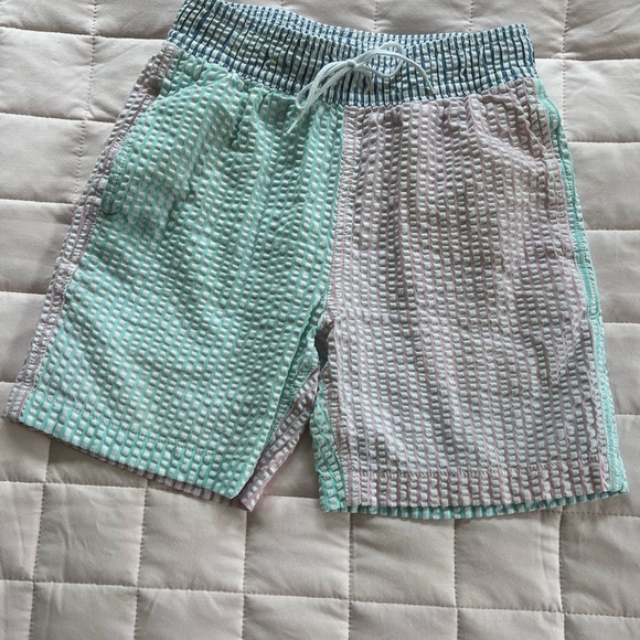 J.Crew Crewcuts Boys’ Seersucker Pink Blue Turquoise Stripes Swim Trunks Size 10 - Picture 5 of 13